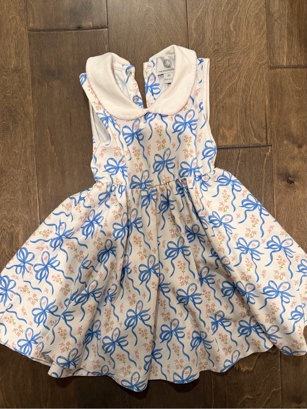 Girls White Dress with Blue Bow Print and Peter Pan Collar
